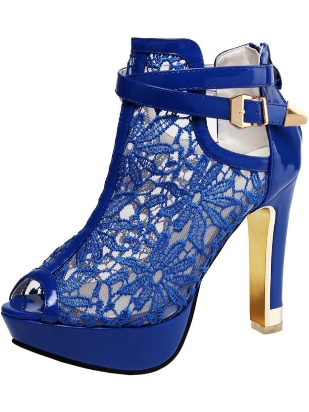Women's Blue Rubber Pretty Lace Flowers Open Toes High Heels Ankle Boots